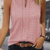 Fashion Dear-Lover Lattice Textured Split Neck Tank Top Pink