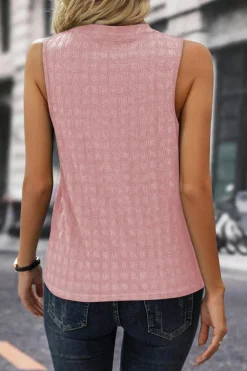 Fashion Dear-Lover Lattice Textured Split Neck Tank Top Pink