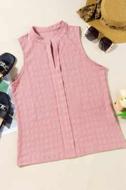 Fashion Dear-Lover Lattice Textured Split Neck Tank Top Pink