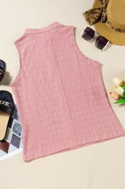 Fashion Dear-Lover Lattice Textured Split Neck Tank Top Pink