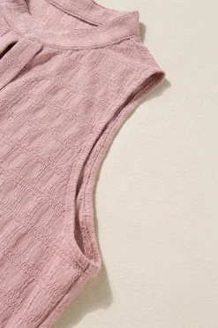 Fashion Dear-Lover Lattice Textured Split Neck Tank Top Pink