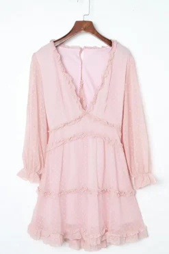 Online Dear-Lover Layered Ruffled Open Back Puff Sleeve Swiss Dot Mini Dress Pink