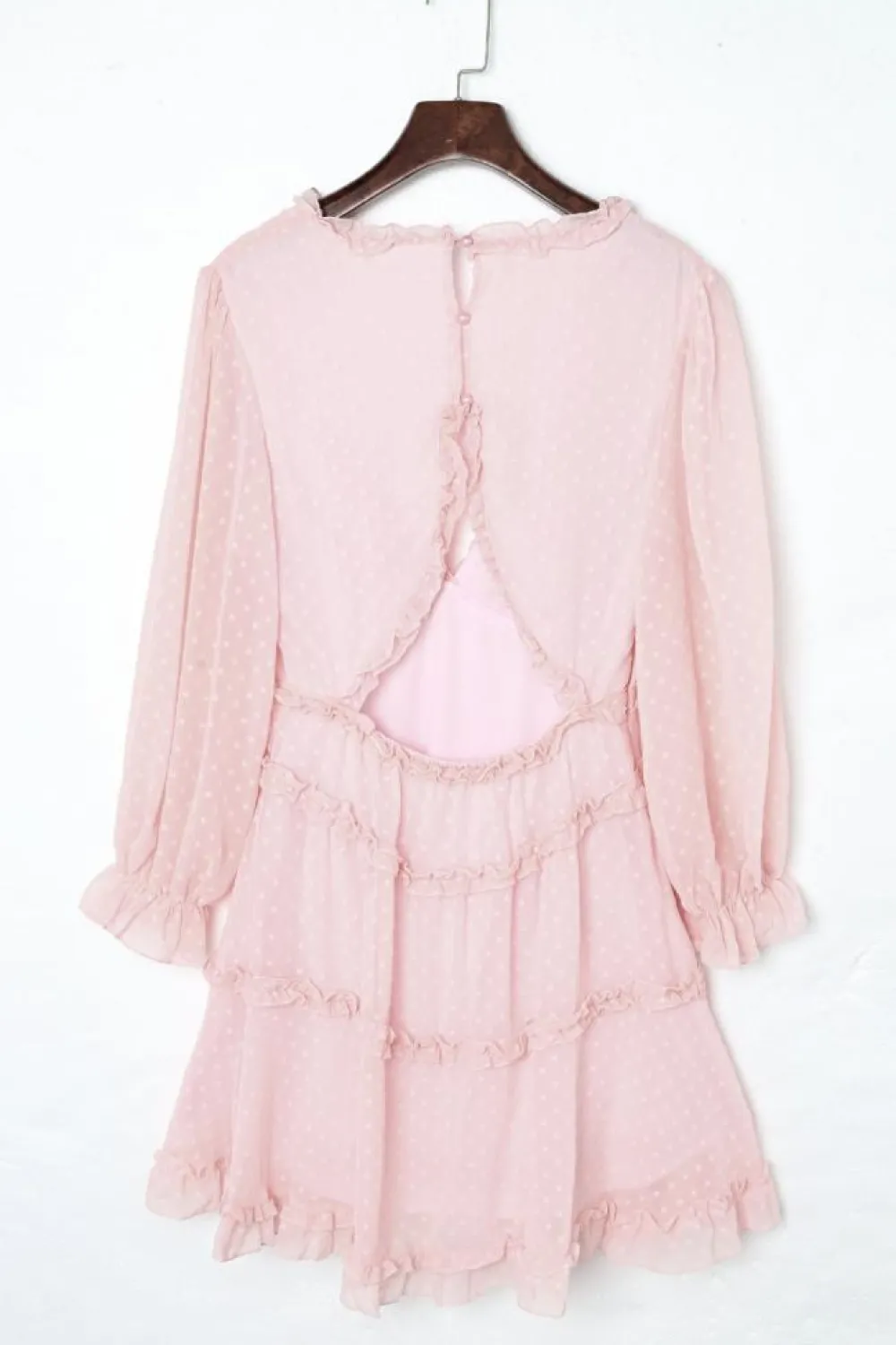 Online Dear-Lover Layered Ruffled Open Back Puff Sleeve Swiss Dot Mini Dress Pink