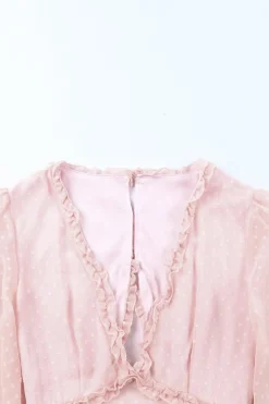 Online Dear-Lover Layered Ruffled Open Back Puff Sleeve Swiss Dot Mini Dress Pink