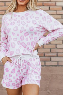 Fashion Dear-Lover Leopard Animal Print Pullover and Shorts Loungewear Pink