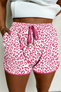 Fashion Dear-Lover Leopard Elastic Waist Lace up Contrast Trim Casual Shorts Pink