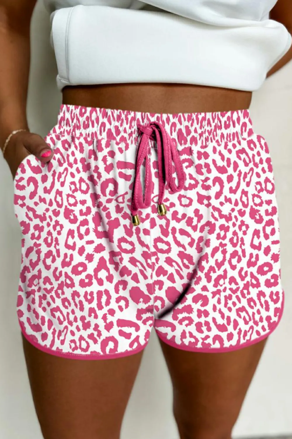 Fashion Dear-Lover Leopard Elastic Waist Lace up Contrast Trim Casual Shorts Pink