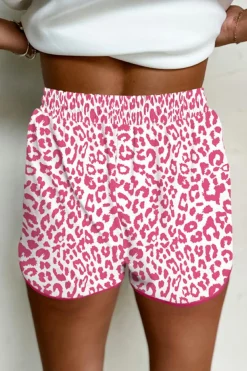 Fashion Dear-Lover Leopard Elastic Waist Lace up Contrast Trim Casual Shorts Pink