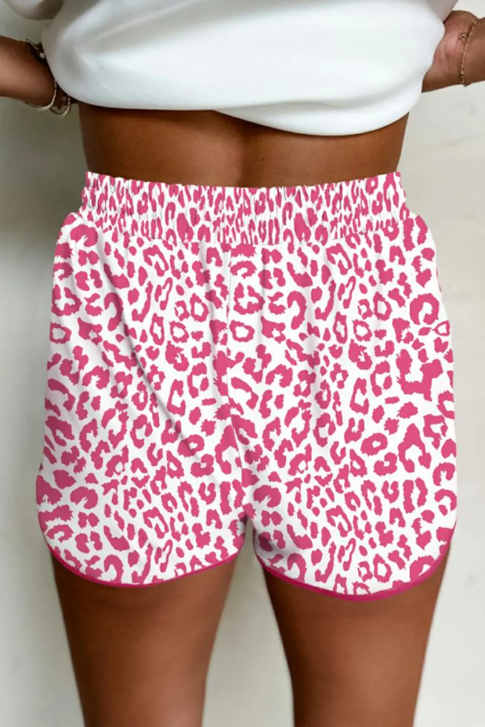 Fashion Dear-Lover Leopard Elastic Waist Lace up Contrast Trim Casual Shorts Pink