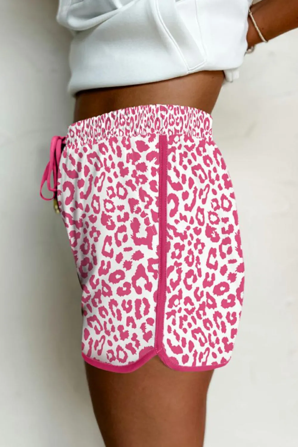 Fashion Dear-Lover Leopard Elastic Waist Lace up Contrast Trim Casual Shorts Pink