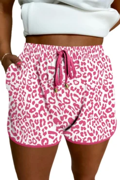 Fashion Dear-Lover Leopard Elastic Waist Lace up Contrast Trim Casual Shorts Pink