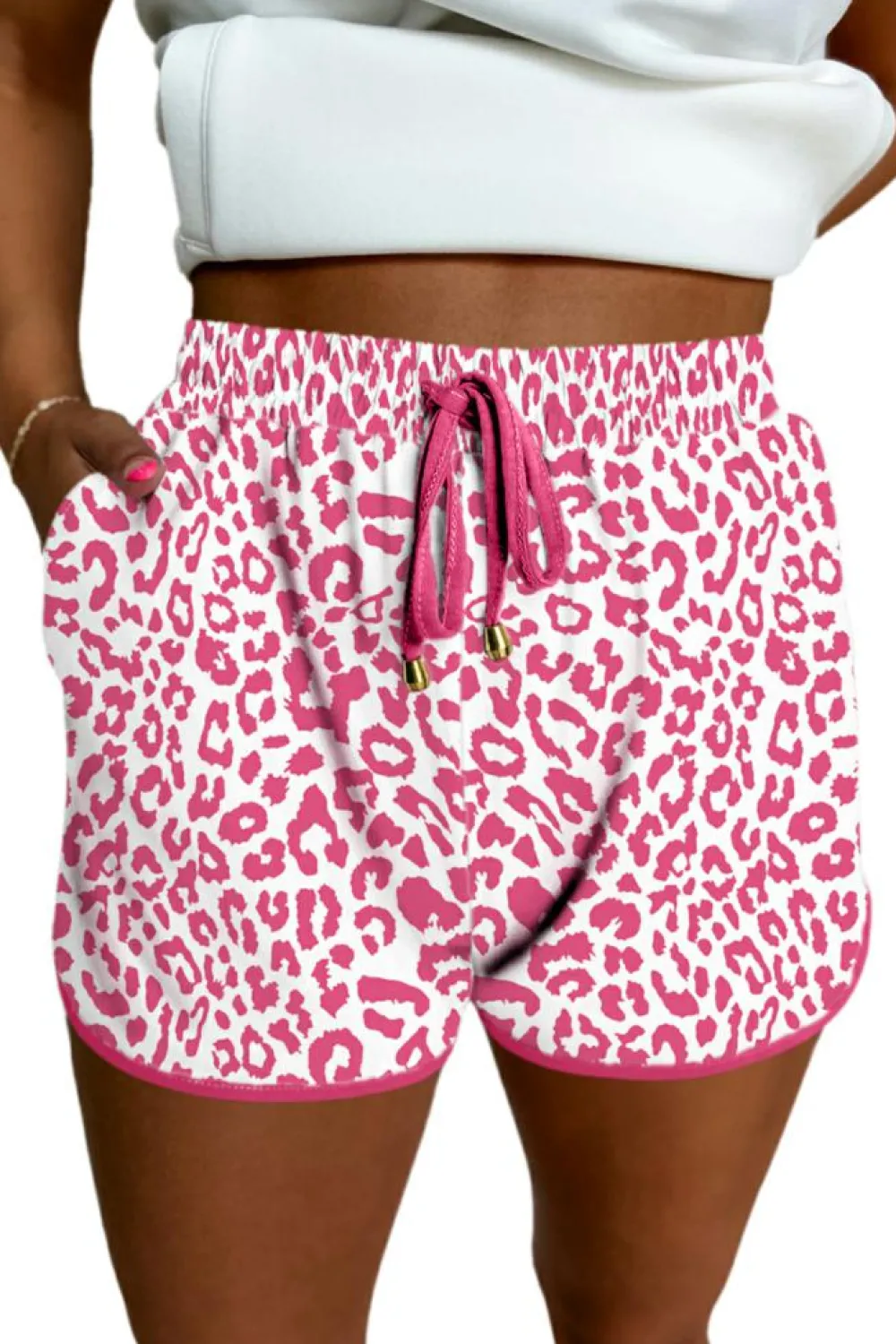 Fashion Dear-Lover Leopard Elastic Waist Lace up Contrast Trim Casual Shorts Pink