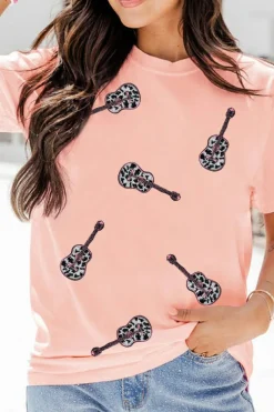 Sale Dear-Lover Leopard Guitar Sequin Patch Crew Neck Tee Pink