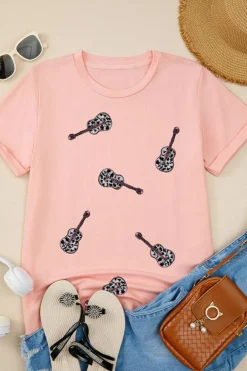 Sale Dear-Lover Leopard Guitar Sequin Patch Crew Neck Tee Pink