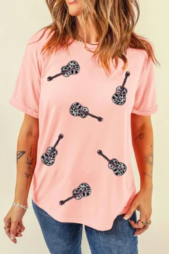 Sale Dear-Lover Leopard Guitar Sequin Patch Crew Neck Tee Pink