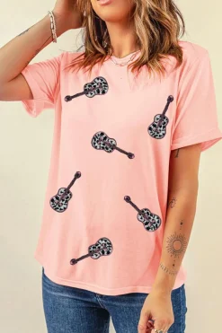 Sale Dear-Lover Leopard Guitar Sequin Patch Crew Neck Tee Pink