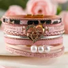 Online Dear-Lover Leopard Letter Print Heart Shaped Magnetic Buckle Bracelet Pink