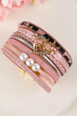 Online Dear-Lover Leopard Letter Print Heart Shaped Magnetic Buckle Bracelet Pink