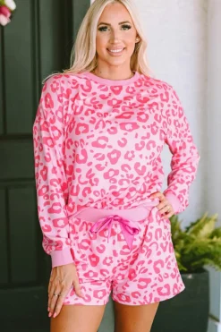 Online Dear-Lover Leopard Long Sleeve Satin Tie Shorts Two Piece Set Pink