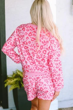 Online Dear-Lover Leopard Long Sleeve Satin Tie Shorts Two Piece Set Pink