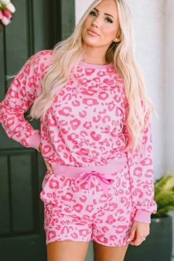 Online Dear-Lover Leopard Long Sleeve Satin Tie Shorts Two Piece Set Pink