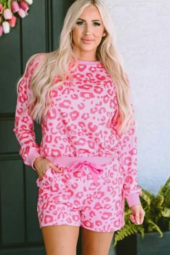 Online Dear-Lover Leopard Long Sleeve Satin Tie Shorts Two Piece Set Pink