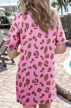 New Dear-Lover Leopard Mineral Wash Side Pocket Shift Mini Dress Pink
