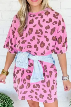 New Dear-Lover Leopard Mineral Wash Side Pocket Shift Mini Dress Pink