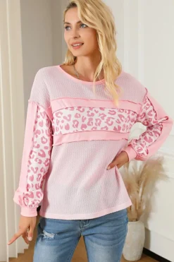 Online Dear-Lover Leopard Patchwork Exposed Seam Waffle Knit Top Pink