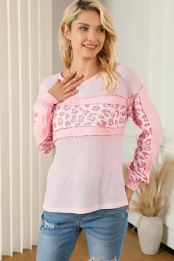 Online Dear-Lover Leopard Patchwork Exposed Seam Waffle Knit Top Pink