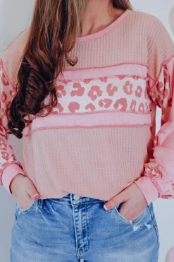 Online Dear-Lover Leopard Patchwork Exposed Seam Waffle Knit Top Pink