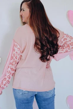 Online Dear-Lover Leopard Patchwork Exposed Seam Waffle Knit Top Pink