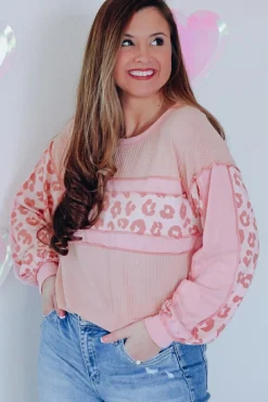 Online Dear-Lover Leopard Patchwork Exposed Seam Waffle Knit Top Pink