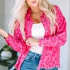 Hot Dear-Lover Leopard Print Button Cuffs Raw Hem Jacket Pink