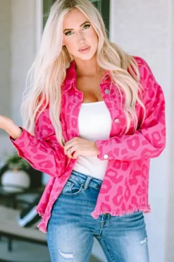 Hot Dear-Lover Leopard Print Button Cuffs Raw Hem Jacket Pink