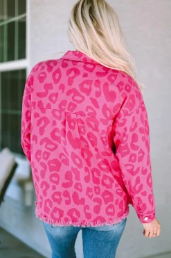 Hot Dear-Lover Leopard Print Button Cuffs Raw Hem Jacket Pink