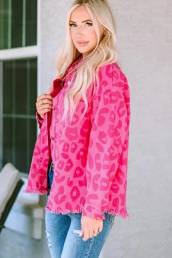 Hot Dear-Lover Leopard Print Button Cuffs Raw Hem Jacket Pink