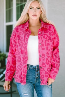 Hot Dear-Lover Leopard Print Button Cuffs Raw Hem Jacket Pink
