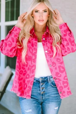 Hot Dear-Lover Leopard Print Button Cuffs Raw Hem Jacket Pink