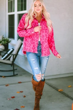 Hot Dear-Lover Leopard Print Button Cuffs Raw Hem Jacket Pink
