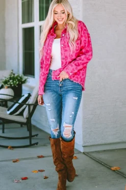 Hot Dear-Lover Leopard Print Button Cuffs Raw Hem Jacket Pink
