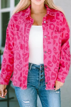 Hot Dear-Lover Leopard Print Button Cuffs Raw Hem Jacket Pink