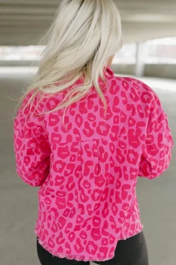 Hot Dear-Lover Leopard Print Button Cuffs Raw Hem Jacket Pink