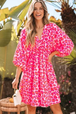 Best Dear-Lover Leopard Print Elasticated V Neck 3/4 Puff Sleeve Dress Pink