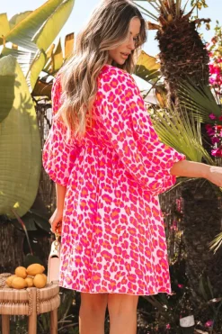 Best Dear-Lover Leopard Print Elasticated V Neck 3/4 Puff Sleeve Dress Pink