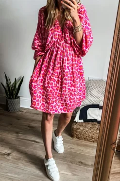 Best Dear-Lover Leopard Print Elasticated V Neck 3/4 Puff Sleeve Dress Pink