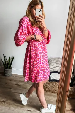 Best Dear-Lover Leopard Print Elasticated V Neck 3/4 Puff Sleeve Dress Pink