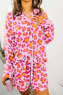 Best Dear-Lover Leopard Print Long Sleeve Shirt and Shorts Pajama Set Pink