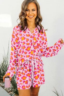 Best Dear-Lover Leopard Print Long Sleeve Shirt and Shorts Pajama Set Pink