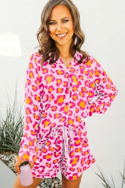 Best Dear-Lover Leopard Print Long Sleeve Shirt and Shorts Pajama Set Pink